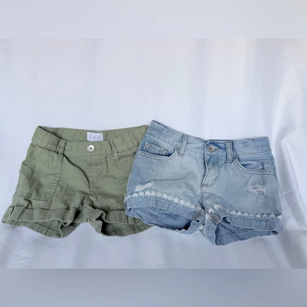 The Children's Place Olive Green Cargo & Light Blue Denim Floral-Trim Shorts Duo